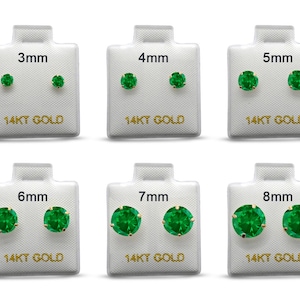 14k Solid Gold Round 3mm 4mm 5mm 6mm 7mm 8mm Green Emerald May Earring Stud Post Earring Tiny Solitaire Gift 14k Gold White & Yellow Gold