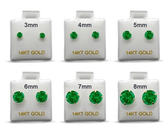 14k Solid Gold Round 3mm 4mm 5mm 6mm 7mm 8mm Green Emerald May Earring Stud Post Earring Tiny Solitaire Gift 14k Gold White & Yellow Gold