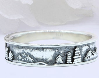 5 mm Mountains & Trees band Ring 925 Sterling Silver  Mountains and Trees Oxidized Shape Ring Thumb Ring Solid Plain Ring