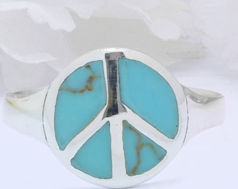 Anillo de plata de ley con símbolo de la paz y circonita cúbica turquesa simulada (13 mm)