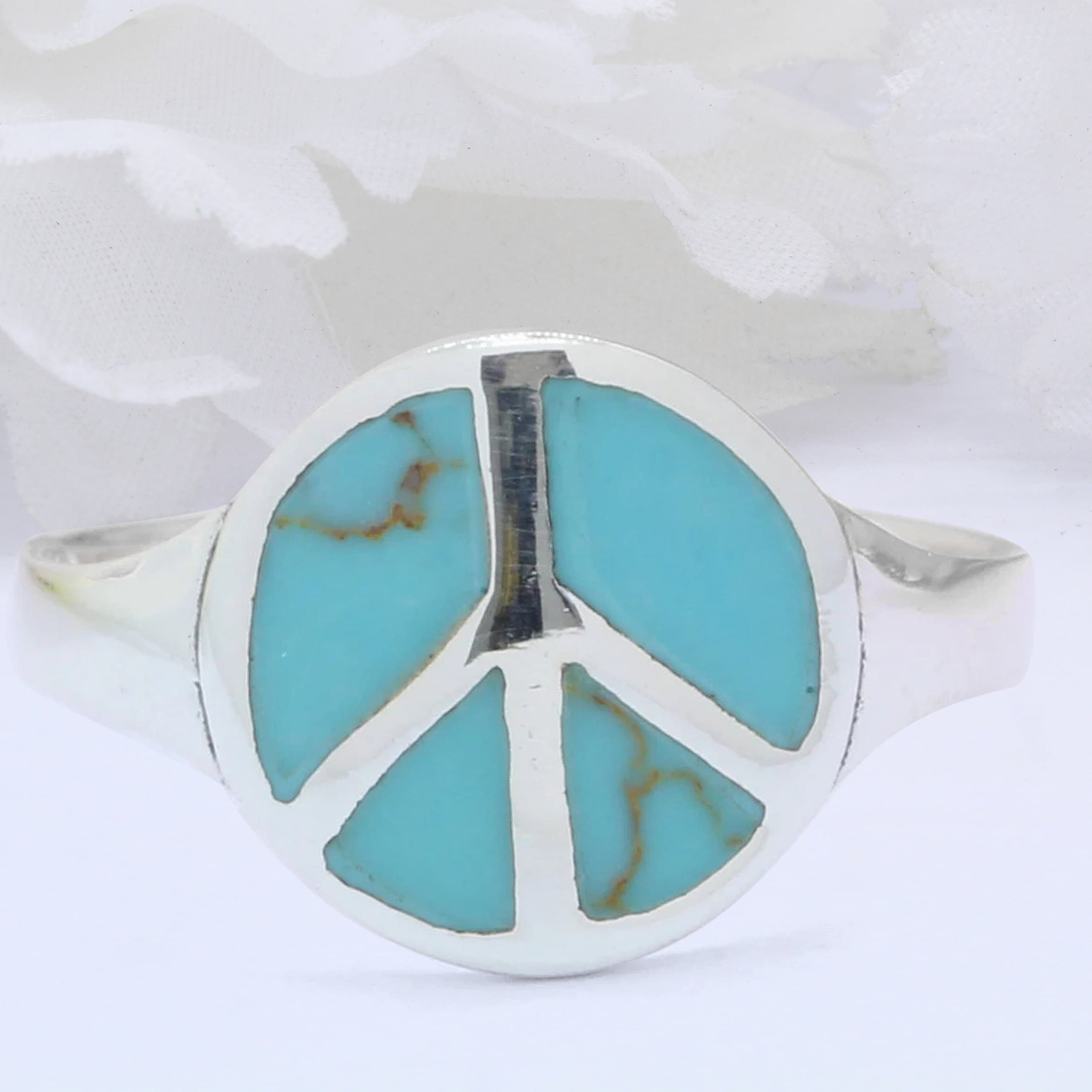 Sterling Silver Peace Sign Ring With Simulated Turquoise CZ (13mm