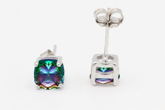 Cushion 3mm 4mm 5mm 6mm 7mm 8mm 9mm 10mm Rainbow Topaz Stud Earring Solid 925 Sterling Silver Stud Post Earring Tiny Solitaire Fire Gift