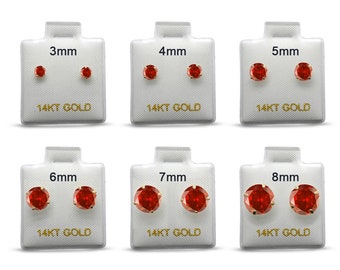 14k Solid Gold Round 3mm 4mm 5mm 6mm 7mm 8mm Garnet January Earring Stud Post Earring Tiny Solitaire Gift 14k Gold White & Yellow Gold