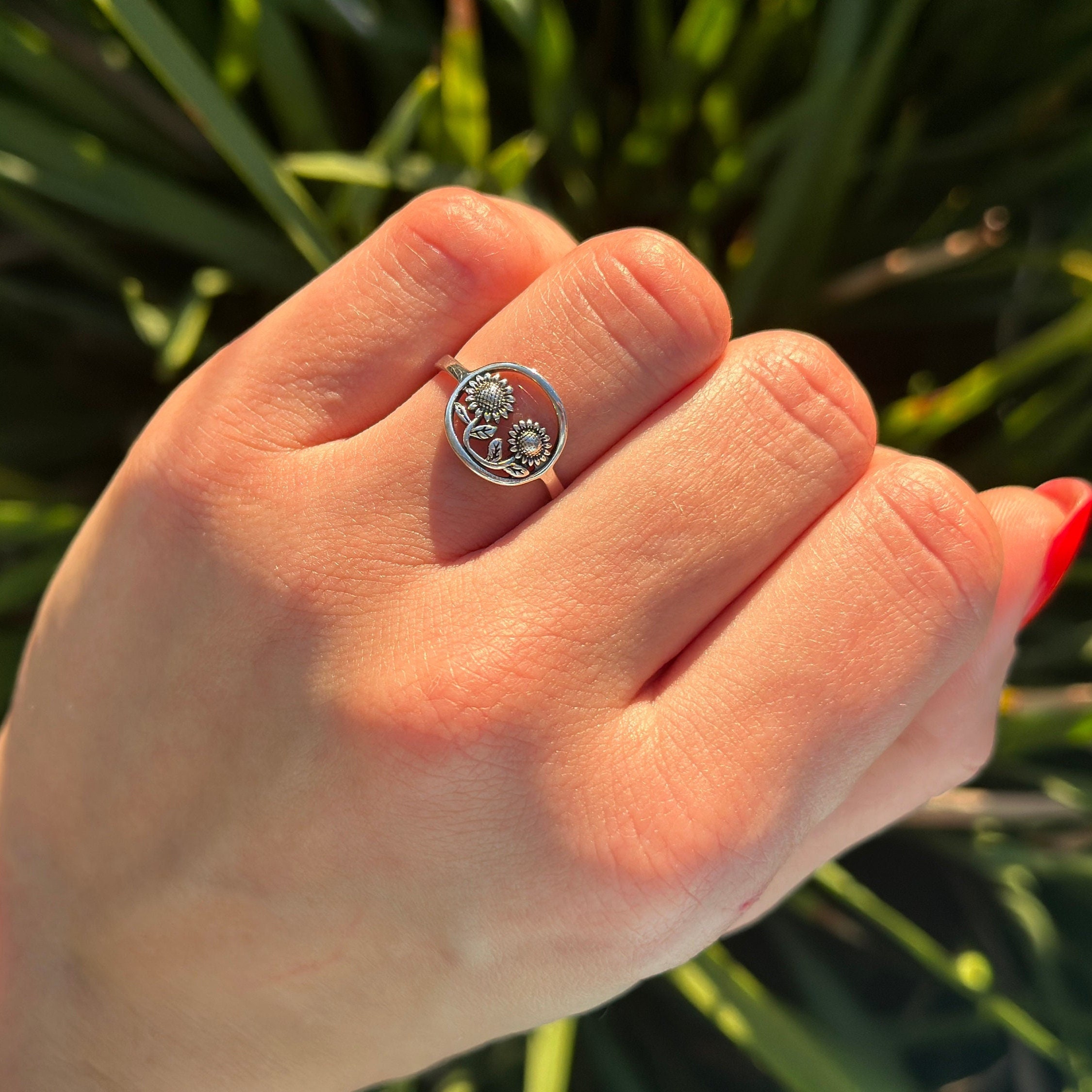 1 Ct Sunflower Sterling Silver Engagement Ring Silver / 6.5(U.S