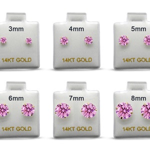 14k Solid Gold Round 3mm 4mm 5mm 6mm 7mm 8mm Pink June Earring Stud Post Earring Tiny Solitaire Gift 14k Gold White & Yellow Gold