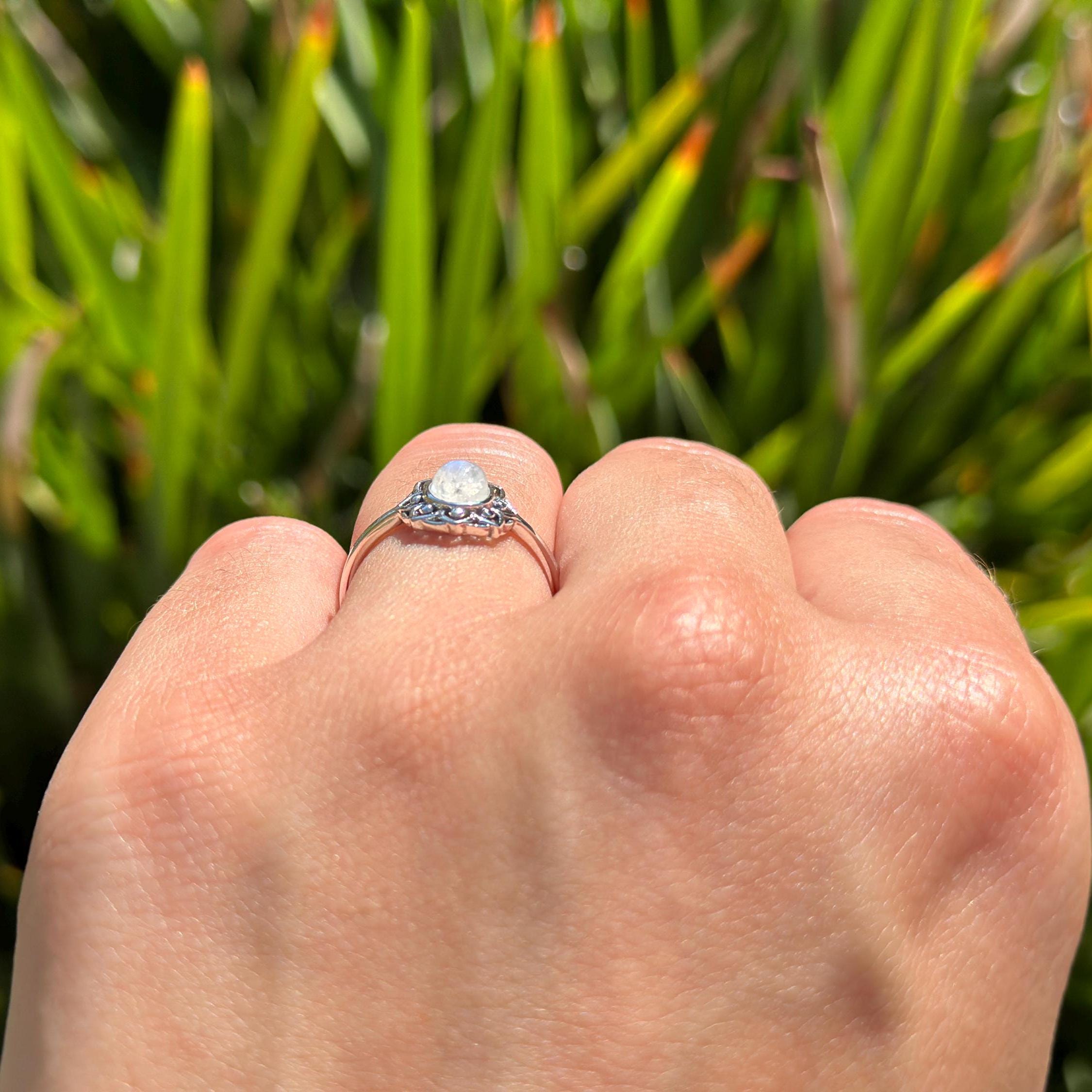 9mm Round Moonstone Ring In 925 Sterling Silver - White Gold Plated, Filigree Swirl Design, Size 4