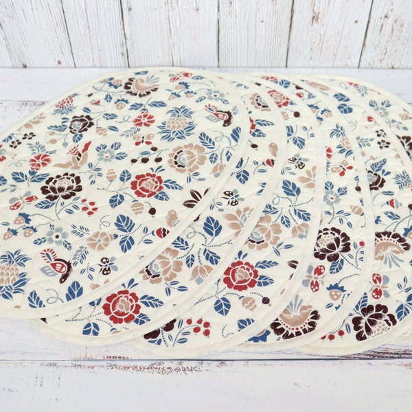 Vintage Quilted Placemat Set 6-pc Woodland Flowers Birds Butterflies Berries | Earthy Boho Table Linen Place Setting Country Cottage Dining