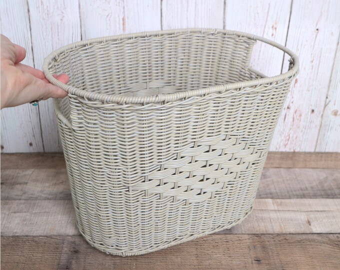 Vintage Woven Plastic Wicker Basket Waste Trash Recycling Utility