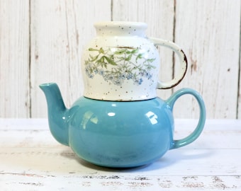 Conjunto de chá vintage caneca de cerâmica flor de cerâmica e bule de chá azul-água cerâmica para um | Cozinha de campo boho eclética retrô | Presente para ela