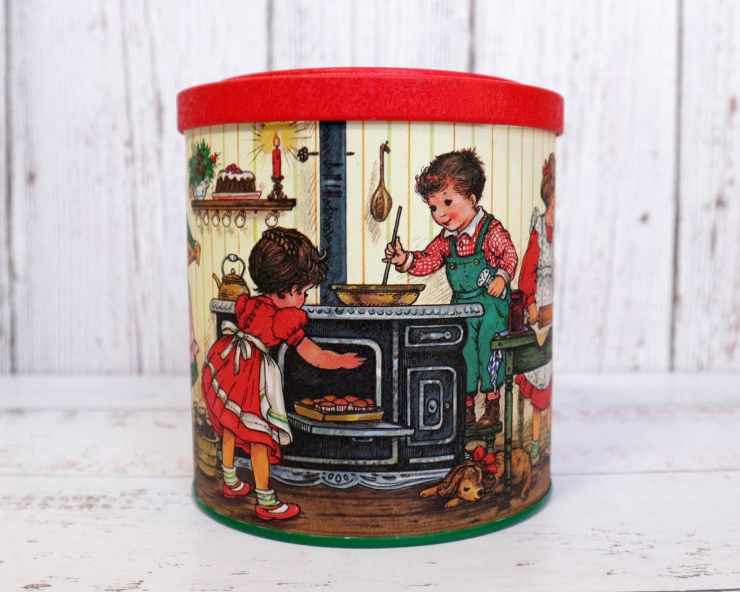 Vintage Potpourri Press Tin Children Kids Baking Old Time Kitchen Round