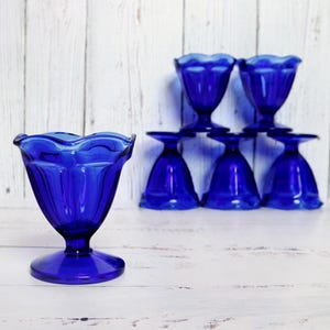 Cobalt Blue Low Sherbet Ice Cream Set (6) Anchor Hocking USA Fountainware Footed Cup Bowl | Vintage Colored Glass 1980s Glassware | Gift