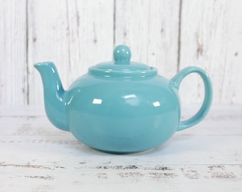 Aqua Blue Personal Teapot 16oz Turquoise Individual Tea Pot Stoneware Ceramic Pottery | Vintage Country Cottage Farmhouse Diner Gift for Her