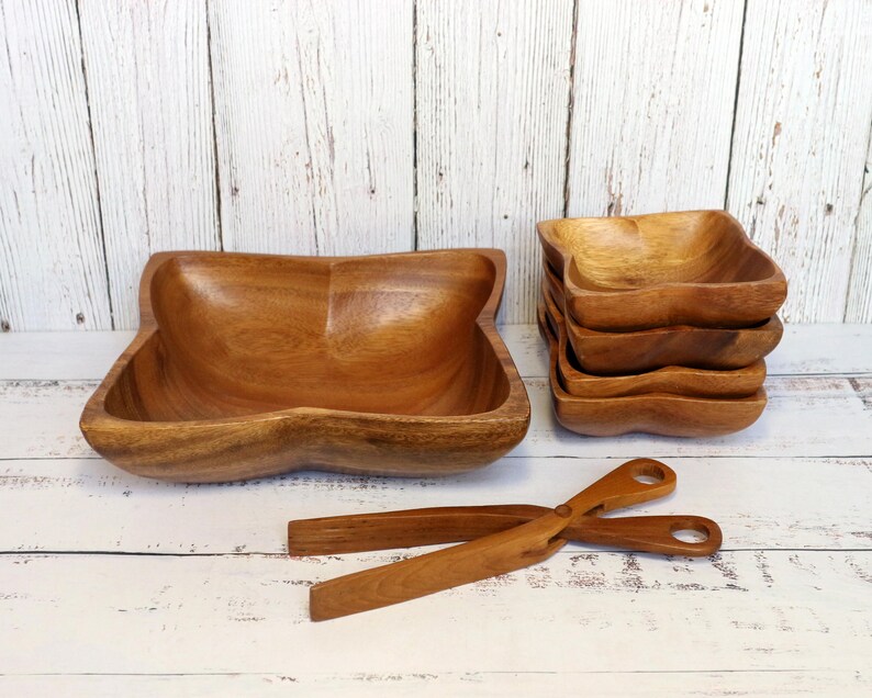 Vintage Carved Wood Salad Bowl Set (6pc) Handmade Indonesian Hardwood | Mid-Century Rustic Boho Dining Kitchen Kitchenware Homeware Gift