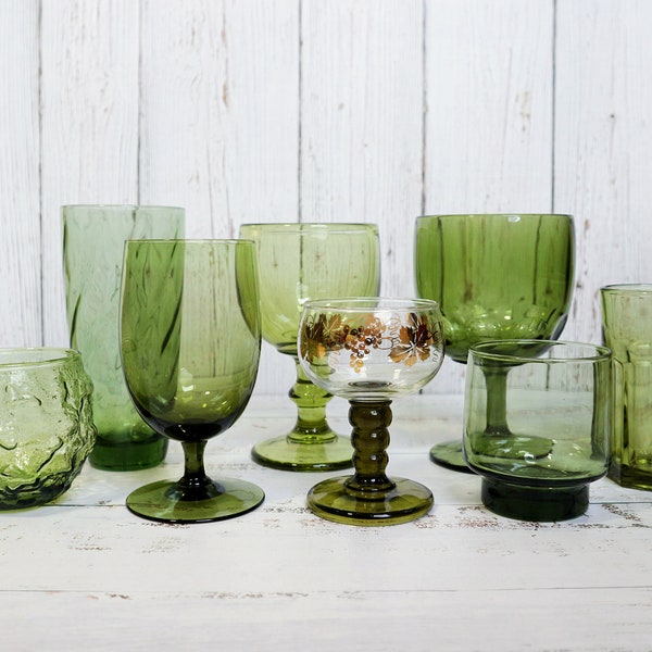 8-pc Mismatched Collection Vintage Green Glasses Goblets Rocks Tumbler | Retro Eclectic Mix Match Glassware Barware Maximalist Kitchenware