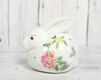 Vintage Bunny Pomander White Ceramic Floral Flower Butterfly | Potpourri Fragrance Bead Container Home Bathroom Closet Drawer | Gift for Her
