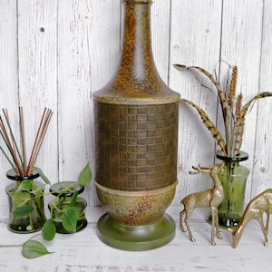 Mid Century Table Lamp Green Brown Speckled Ceramic with Vinyl Weave (Works) Retro Boho MCM MOD Decor | Vintage Living Room Lighting | Gift