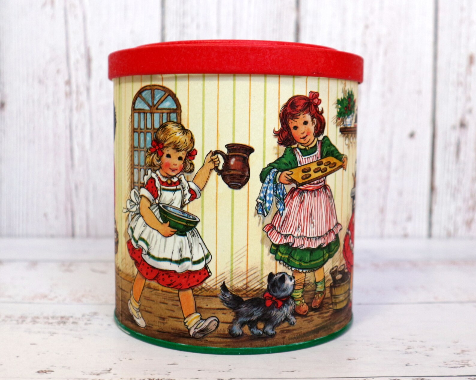 Vintage Potpourri Press Tin Children Kids Baking Old Time Kitchen Round Metal Canister Box W