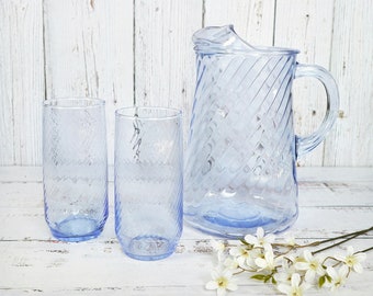 Set da bere vintage blu ottico a spirale con protezione per il ghiaccio e bicchieri refrigeranti per tumbler / bicchieri in vetro colorato eclettico retrò degli anni '80