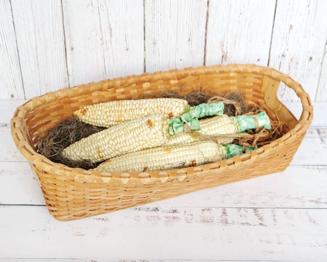 Long Bread Basket W/ Side Handles Vegetable Fruit Harvest Woven Wood