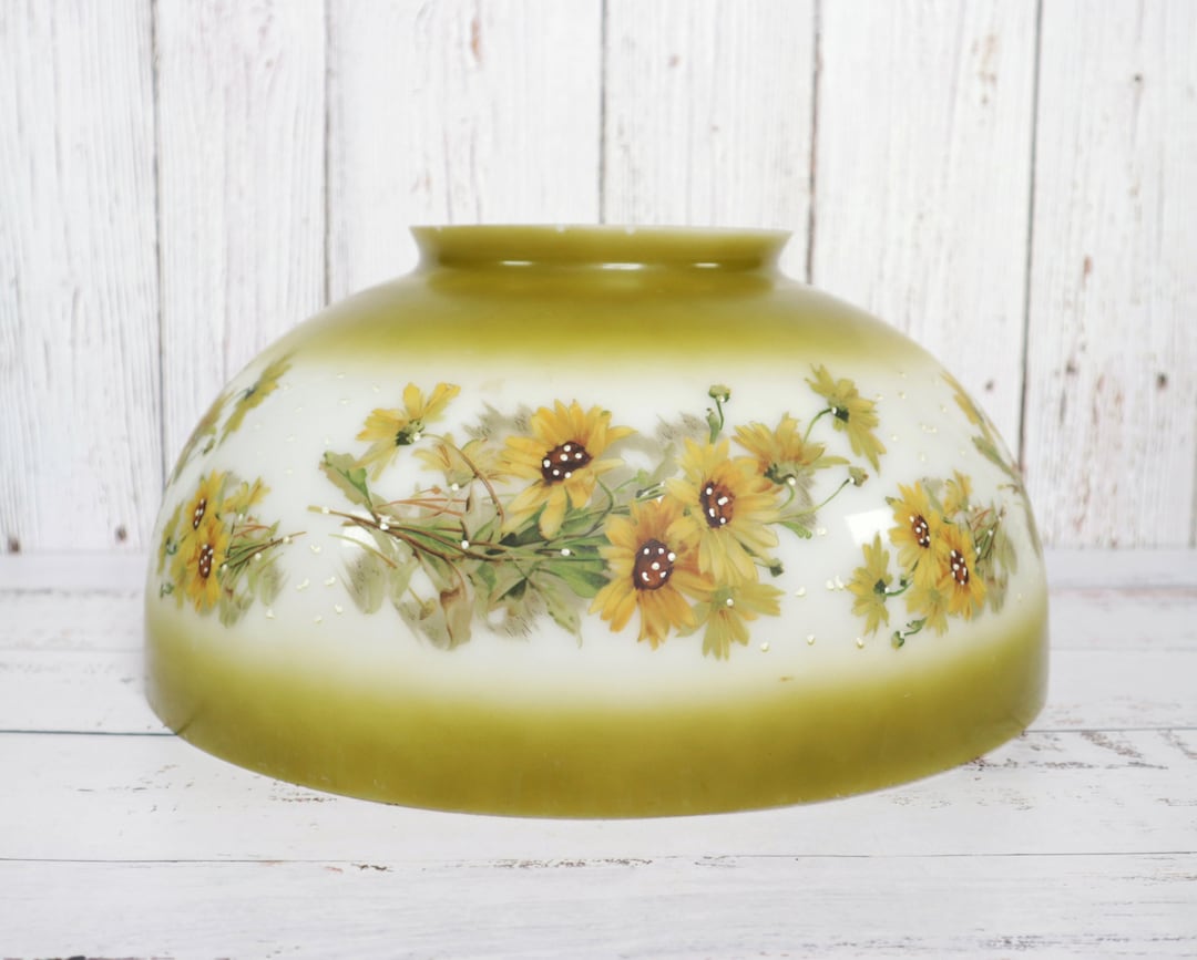 Large Vintage Hand Painted Milk Glass Lamp Shade Avocado Green Yellow ...
