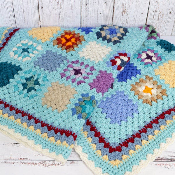 Small Vintage Granny Square Afghan Crib Floor Lap Blanket Throw Colorful Yarn Handmade Crochet | Boho Retro Eclectic Style | Gift for Baby