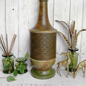 Mid Century Table Lamp Green Brown Speckled Ceramic with Vinyl Weave |  Boho MCM MOD Decor | Vintage Living Room Lighting | Retro Man Cave