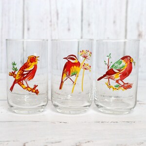Mid-Century Vogel Motiv Saft Gläser Set | Mundgeblasenes Glas + Siebdruckdesign | 1950er Jahre Glaswaren Retro Küchenartikel Cottagecore Dekor | Geschenk