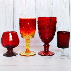 Vintage Ruby Red Mismatched Glasses Set of 4 Goblets | Retro Eclectic Mid Century Stemware | Mix Match Glassware Collectible Barware | Gift