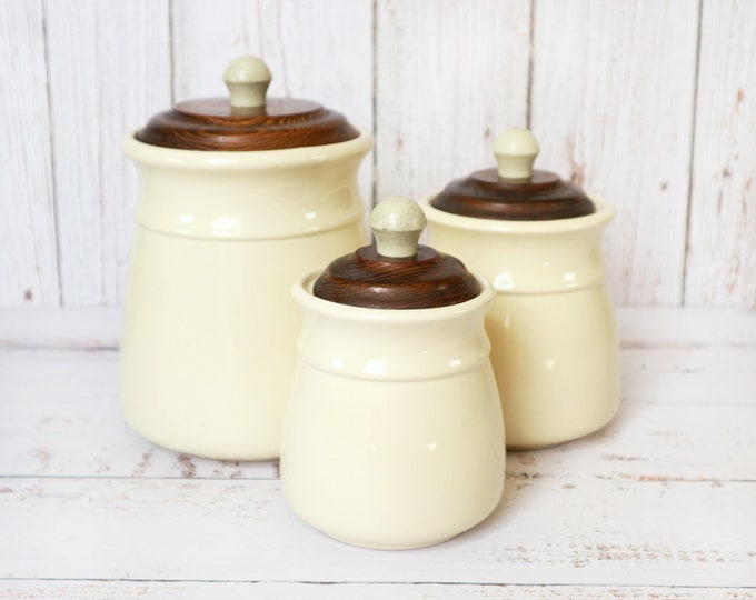 Vintage Ceramic Canister Set W/ Wood Lids Storage Pickling Etsy