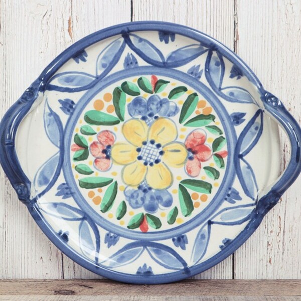 Vintage Mexican Pottery Tray Platter Serving Plate w/ Handles | Painted Blue & White Flower Floral | Boho Eclectic Colorful Dishes Dishware