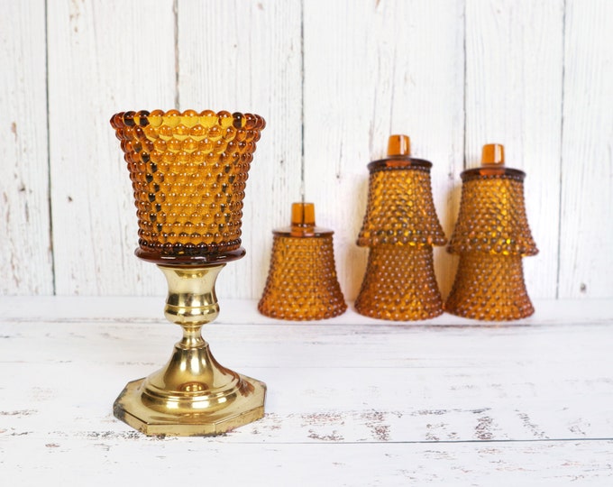 Vintage Amber Glass Hobnail Tea Light Votive Candle Holder Inserts 1960
