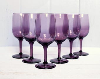 Purple Wine Glasses Set (6) Vintage Petite Amethyst Stemware | Libbey Premiere Colored Glassware | Eclectic Boheme Barware | Gift