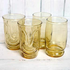 Vintage Juice Glasses Set (4) Yellow Amber Colored Glass Mismatched Glassware Eclectic Mix & Match | 1970-80s MOD Retro Kitchen Dining Gift