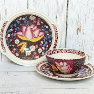 Vernon Kilns Lei Lani Lug kom + theekop en schotel set | Don Blanding Hawaiian Aloha Transferware-borden | Aardewerk uit het midden van de eeuw, CA, VS | Cadeau