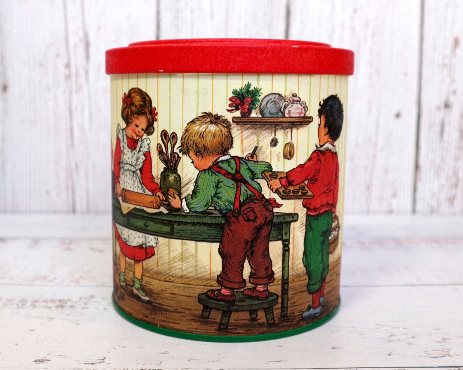 Vintage Potpourri Press Tin Children Kids Baking Old Time Kitchen Round Metal Canister Box W