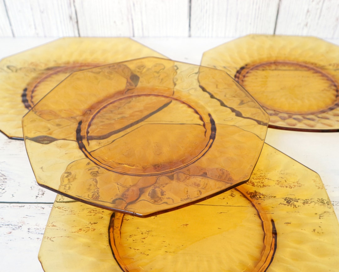 Vintage Amber Glass Plates Set 4 Luncheon Appetizer Dessert Midcentury