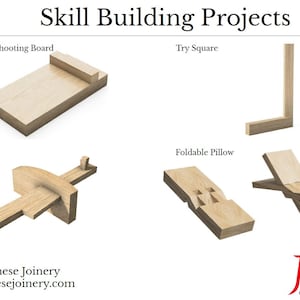 May include: Four woodworking projects for learning Japanese joinery techniques. The projects include a shooting board, try square, marking gauge, and foldable pillow.