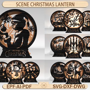 May include: A selection of laser-cut wooden Christmas lanterns. Each lantern has a circular design with festive scenes, including a Grinch, a snowman, and Santa Claus. The lanterns are finished in dark brown with detailed cut-out designs and the words "Merry Christmas".