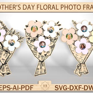 Cadre photo aimanté floral fête des mères, bouquet de fleurs, fichier découpé pour cadre photo, merci maman, cadeau maman fichier découpé au laser Glowforge