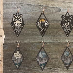 Berg Ohrring Bundle SVG, Adventure Ohrringe, Glowforge Dateien, Laser Ohrringe Dateien, Tier Ohrringe, Wolf Ohrringe, Bär Ohrringe