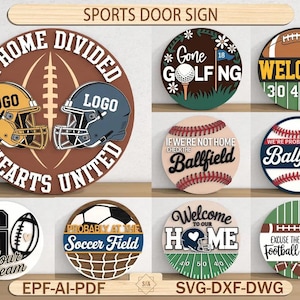 May include: A collection of sports-themed wooden door signs. Designs include football helmets, baseballs, golf, soccer, and football field graphics. Each sign features text such as "Welcome," "Go Your Team," and "Football Season!"