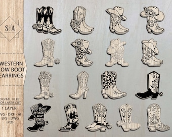 Western Cowboy Boot Earrings Bundle Svg, Cowgirl Boot Earring Svg ,Cowgirl Boots Svg ,Glowforge Earring Files ,Western Earring Svg Laser Cut