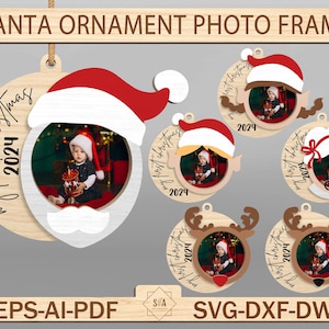 2024 パーソナライズされた赤ちゃんの初めてのクリスマスフォトフレームオーナメント SVG、メリークリスマスレーザーカットファイル SVG、クリスマスキャラクター画像ホルダー SVG