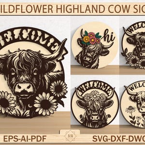 ワイルドフラワーハイランドカウサイン、ウェルカムドアハンガーレーザーカットファイル、ファームドアハンガーGlowforge、Lightburn Digitalダウンロード