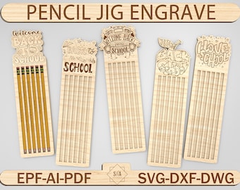May include: Five wooden pencil holders with different back to school themed designs. Each holder has slots for pencils and is ready to be engraved. The designs include a school bus, an apple, a heart, and two different back to school text designs.
