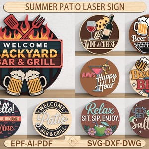 Może przedstawiać: Kolekcja wycinanych laserowo drewnianych znaków z motywami letniego patio. Znaki obejmują "Welcome Backyard Bar & Grill", "Wine & Cheese", "Beer 'n BBQ", "Happy Hour", "Beer & BBQ", "Hello! Hope You Brought Wine", "Welcome Patio Bar & Grill", "Relax Sit. Sip. Enjoy.", i "Let's Get Salty".