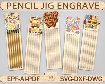May include: A set of five wooden pencil holders with different school-themed designs. The designs include "Happy First Day of School", "Welcome Back to School", "Have a Great First Day", "In My Teacher Era", and "Back to School".