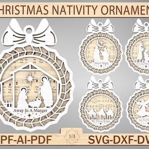 Ornamento di spartiti per presepe di Natale in formato Svg, ornamento musicale inciso in formato Svg, ornamento per canzoni di Natale, ornamento per presepe in formato Svg, file Glowforge