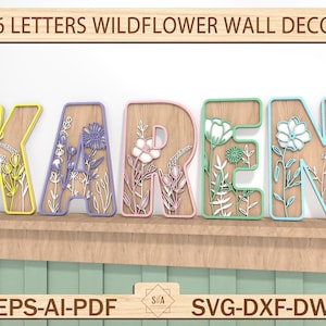 Decorazione murale personalizzata con 26 lettere e fiori di campo, cartello in legno per cameretta dei bambini, lettera con nome floreale in legno, lettere dell'alfabeto per cameretta delle bambine