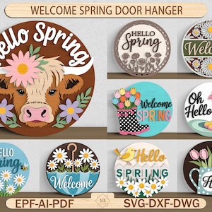 Welkom lente deurhanger SVG-bundel, boerderij lente decor lasergesneden bestanden, hallo lente houten bord SVG